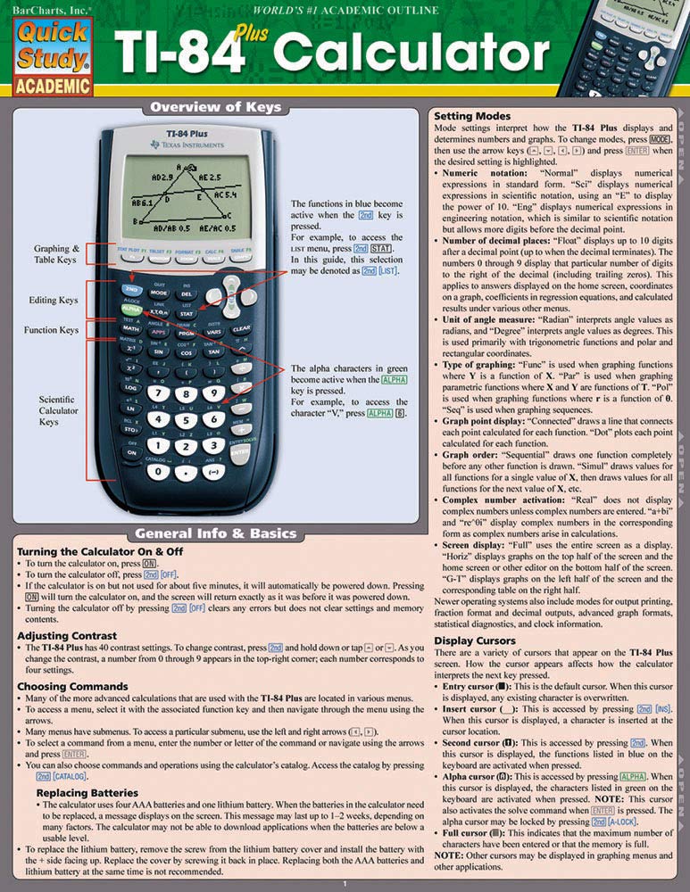 Ti 84 Plus Calculator: Quickstudy Laminated Reference Guide