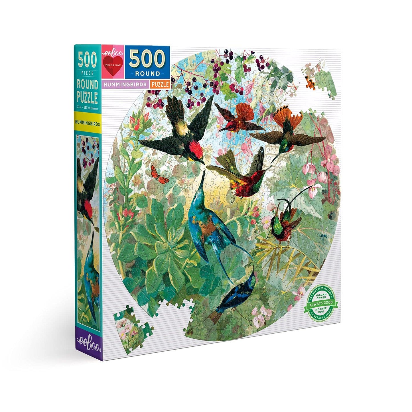 eeBoo: Piece and Love Hummingbirds 500 Piece Round Circle Jigsaw Puzzle, Puzzle for Adults and Families, Glossy, Sturdy Pieces and Minimal Puzzle Dust book cover
