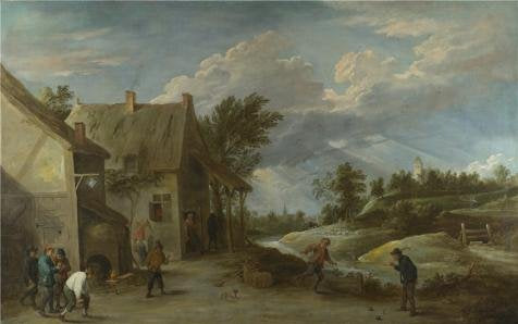 'David Teniers the Younger - Peasants playing Bowls outside a Village Inn,about 1660' oil painting, 8x13 inch / 20x32 cm ,printed on Cotton Canvas ,this Amazing Art Decorative Prints on Canvas is