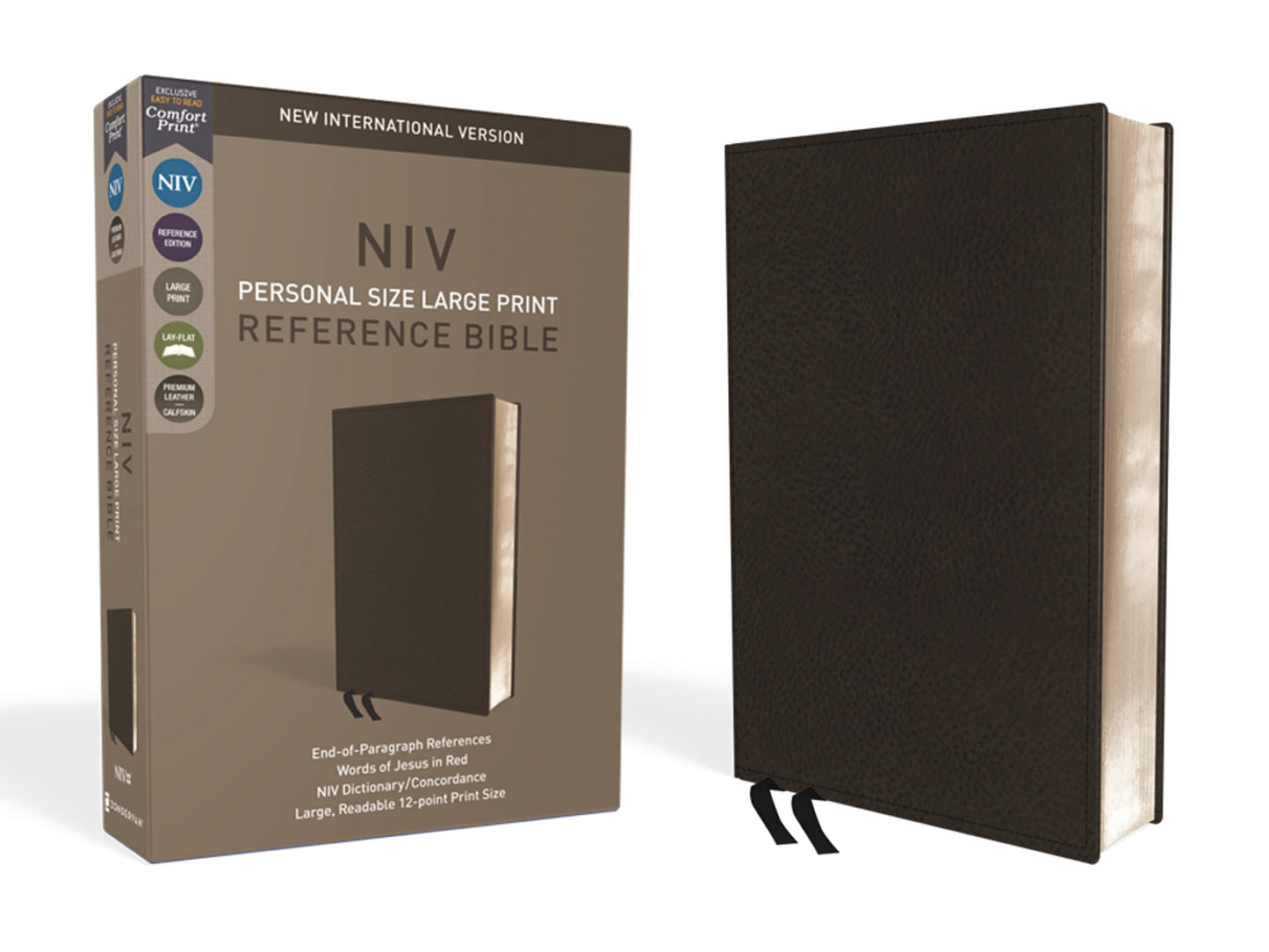 NIV, Personal Size Reference Bible, Large Print, Premium Leather, Black, Red Letter Edition, Comfort Print book cover