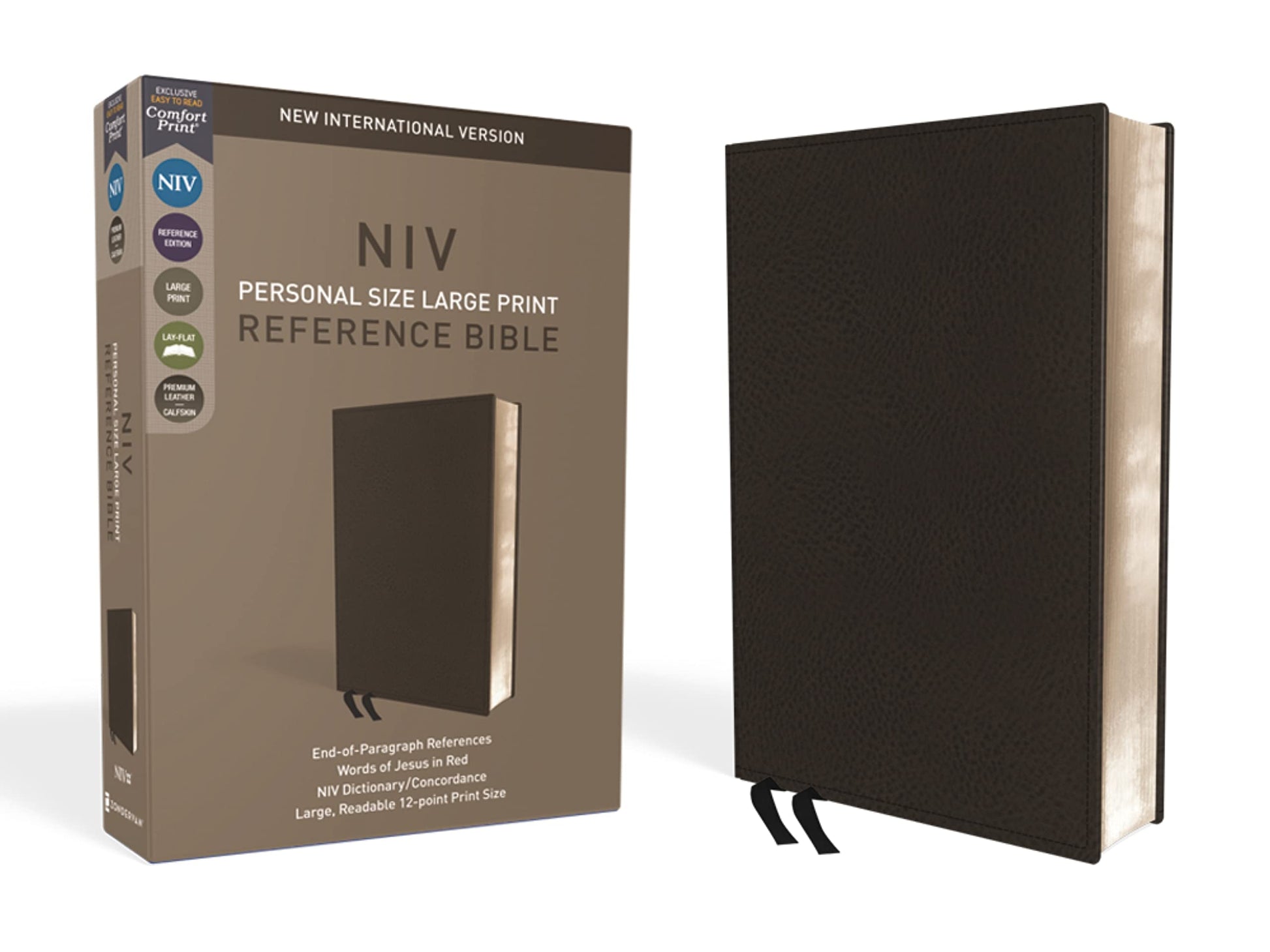 NIV, Personal Size Reference Bible, Large Print, Premium Leather, Black, Red Letter Edition, Comfort Print book cover