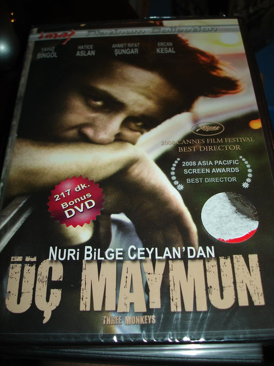 Uc Maymun / Three Monkeys / Nuri Bilge Ceylan'dan / REGION 2 PAL original Turkish Release 2 Disc Special Edition / Turkish Sound / ENGLISH and FRENCH and Turkish SUBTITLES / Starring: Yavuz Bingol, Hatice Aslan, Ahmet Rifat Sungar, Ercan Kesal