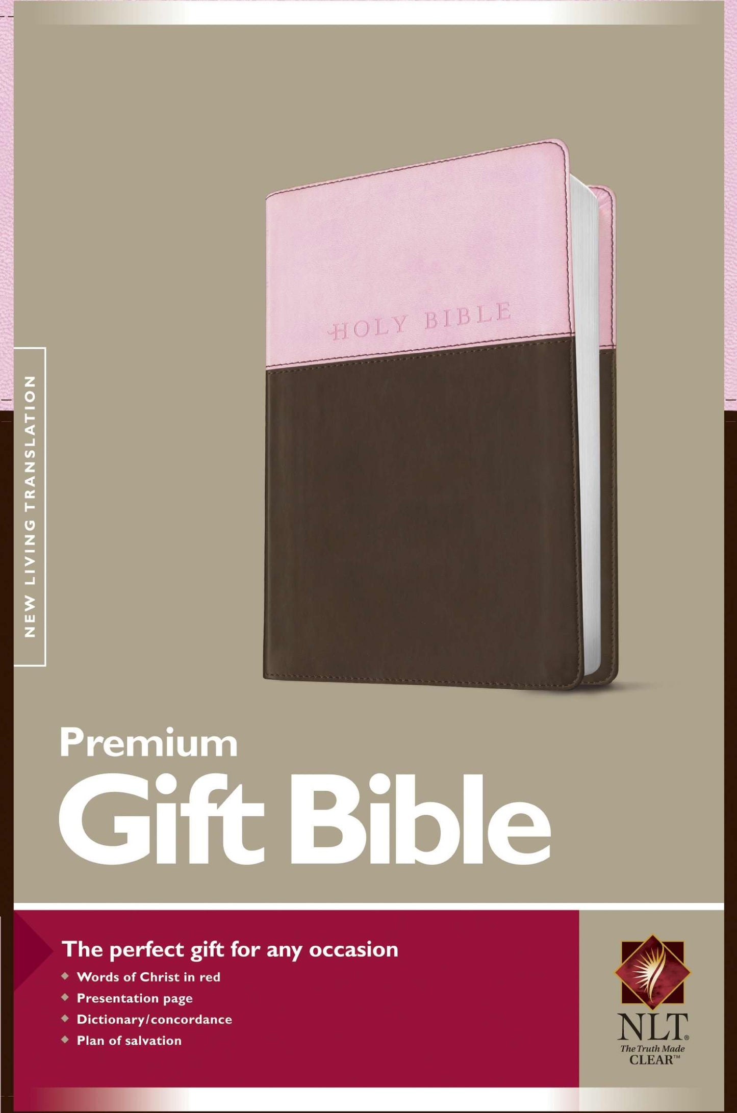 Premium Gift Bible NLT, TuTone (LeatherLike, Pink/Dark Brown, Red Letter)