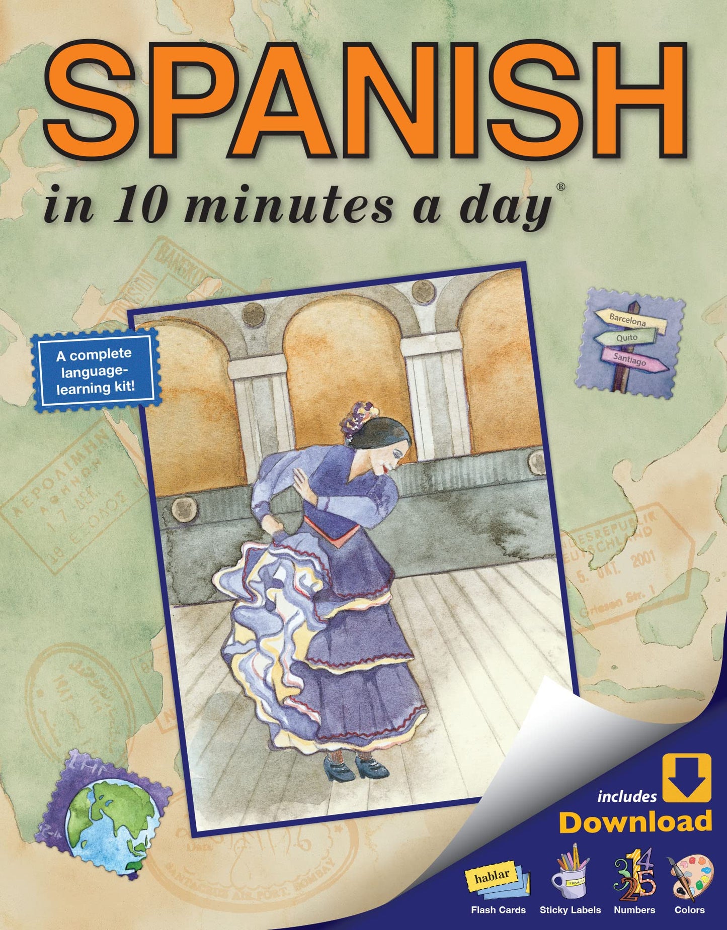 Spanish in 10 Minutes a Day: Language Course for Beginning and Advanced Study. Includes Workbook, Flash Cards, Special Labels, Menu Guide, Software, G book cover