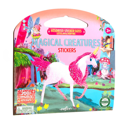 eeBoo: Magical Creatures Shiny Sticker Book - 200+ Sparkling Stickers in 3 Sizes, Little-Big-Very Big, Carry Handle, Rainbow Foil, Kids Ages 3+