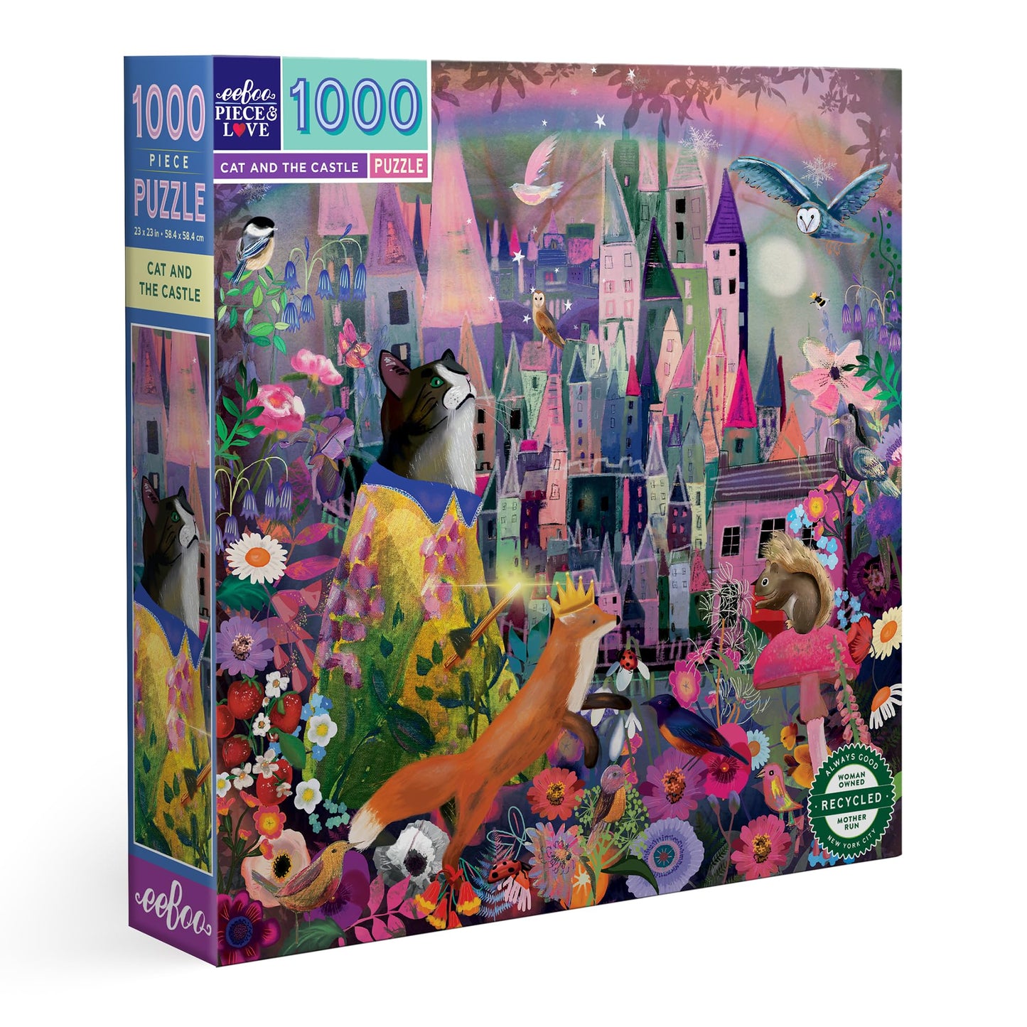 eeBoo Piece & Love: Cat & The Castle - 1000 Piece Puzzle - Adult Square Jigsaw, 23x23, Includes Image Reference Insert, Glossy Pieces